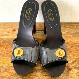 Coach Cagney Women’s Wood Pumps Black Gold Clear Strap Turnlock Studs Peep Toe